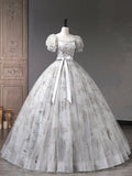 Gray Tulle Sequins Long Prom Dress, A-Line Short Sleeve Evening Dress HZ0429