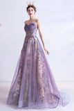 Purple Tulle Sequins Long Prom Dresses, A-Line Strapless Evening Dresses HZ0429