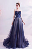 Blue Strapless Tulle Long Prom Dresses, A-Line Evening Dresses HZ0429