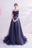 Blue Strapless Tulle Long Prom Dresses, A-Line Evening Dresses HZ0429