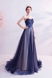 Blue Strapless Tulle Long Prom Dresses, A-Line Evening Dresses HZ0429