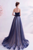 Blue Strapless Tulle Long Prom Dresses, A-Line Evening Dresses HZ0429