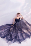 Blue Strapless Tulle Long Prom Dresses, A-Line Evening Dresses HZ0429