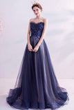 Blue Strapless Tulle Long Prom Dresses, A-Line Evening Dresses HZ0429