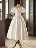 White Satin Lace Short Prom Dress, White Evening Dress, Wedding Dress HZ0429