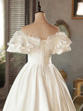 White Satin Lace Short Prom Dress, White Evening Dress, Wedding Dress HZ0429