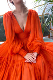A-Line Chiffon Long Sleeve Prom Dress, Orange V-Neck Evening Dress HZ0429