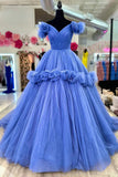 Blue V-neck Tulle Formal Dress with Flowers, Blue Floor Length Prom Dress HZ0429