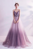 Purple Tulle Sequins Long Prom Dresses, A-Line Evening Dresses HZ0429