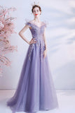 Purple Tulle Sequins Prom Dresses, A-Line Off the Shoulder Evening Dresses HZ0429
