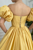 Yellow Satin Long Prom Dresses, A-Line Off the Shoulder Evening Dresses HZ0429