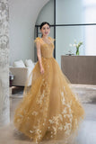 Yellow Tulle Lace Long Prom Dresses, A-Line Evening Gowns HZ0429