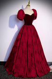 Burgundy Velvet Long A-Line Prom Dress, Short Sleeve Evening Dress HZ0429