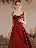 Burgundy Satin Long Prom Dress, Cute A-Line Spaghetti Straps Evening Dress HZ0429