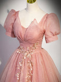 Pink Tulle Floor Length Prom Dress with Short Sleeve, Beautiful A-Line Evening Dress HZ0429