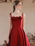 Burgundy Satin Long Prom Dress, Cute A-Line Spaghetti Straps Evening Dress HZ0429