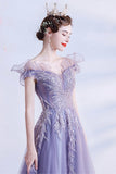 Purple Tulle Sequins Prom Dresses, A-Line Off the Shoulder Evening Dresses HZ0429