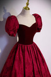 Burgundy Velvet Long A-Line Prom Dress, Short Sleeve Evening Dress HZ0429