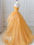 Orange Tulle Lace Long High Low Prom Dress, A-Line Strapless Evening Dress HZ0429