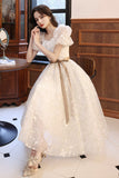 White Tulle Short Sleeve Prom Dress, Cute A-Line Party Homecoming Dress HZ0429