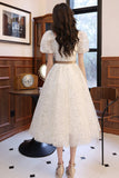 White Tulle Short Sleeve Prom Dress, Cute A-Line Party Homecoming Dress HZ0429
