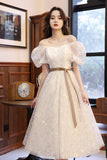 White Tulle Short Sleeve Prom Dress, Cute A-Line Party Homecoming Dress HZ0429