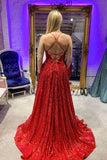Red V-Neck Sequins Long Prom Dresses, A-Line Backless Evening Dresses HZ0429