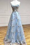 Blue Tulle Appliques Long Prom Dresses, A-Line Strapless Evening Dresses HZ0429