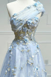 Blue Tulle Appliques Long Prom Dresses, A-Line Strapless Evening Dresses HZ0429