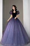 Purple Tulle Short Sleeve Formal Dress, Cute A-Line Evening Dress HZ0429