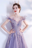 Purple Tulle Sequins Prom Dresses, A-Line Off the Shoulder Evening Dresses HZ0429