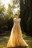 Yellow Tulle Lace Long Prom Dresses, A-Line Evening Gowns HZ0429