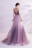 Purple Tulle Sequins Long Prom Dresses, A-Line Evening Dresses HZ0429