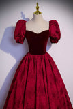 Burgundy Velvet Long A-Line Prom Dress, Short Sleeve Evening Dress HZ0429