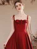 Burgundy Satin Long Prom Dress, Cute A-Line Spaghetti Straps Evening Dress HZ0429