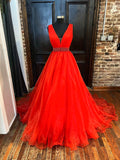 Red V-Neck Tulle Long Prom Dress, Red A-Line Evening Dress with Beaded HZ0429