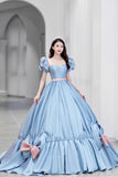 Blue Satin A-Line Princess Dress, Blue A-Line Evening Gown with Bow HZ0429