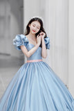 Blue Satin A-Line Princess Dress, Blue A-Line Evening Gown with Bow HZ0429
