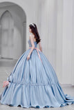 Blue Satin A-Line Princess Dress, Blue A-Line Evening Gown with Bow HZ0429