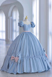 Blue Satin A-Line Princess Dress, Blue A-Line Evening Gown with Bow HZ0429