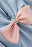 Blue Satin A-Line Princess Dress, Blue A-Line Evening Gown with Bow HZ0429