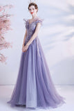 Purple Tulle Sequins Prom Dresses, A-Line Off the Shoulder Evening Dresses HZ0429
