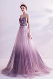 Purple Tulle Sequins Long Prom Dresses, A-Line Evening Dresses HZ0429