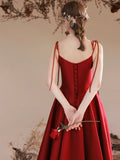 Burgundy Satin Long Prom Dress, Cute A-Line Spaghetti Straps Evening Dress HZ0429