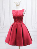 Burgundy Satin Lace Short Prom Dress, A-Line Homecoming Dress HZ0429