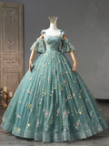 Green Floral Tulle Long Prom Dress, Cute Off Shoulder Evening Party Dress HZ0429