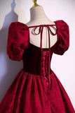 Burgundy Velvet Long A-Line Prom Dress, Short Sleeve Evening Dress HZ0429