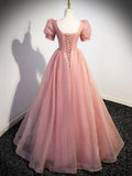 Pink Tulle Floor Length Prom Dress with Short Sleeve, Beautiful A-Line Evening Dress HZ0429