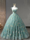 Green Floral Tulle Long Prom Dress, Cute Off Shoulder Evening Party Dress HZ0429