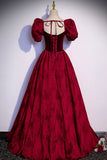 Burgundy Velvet Long A-Line Prom Dress, Short Sleeve Evening Dress HZ0429